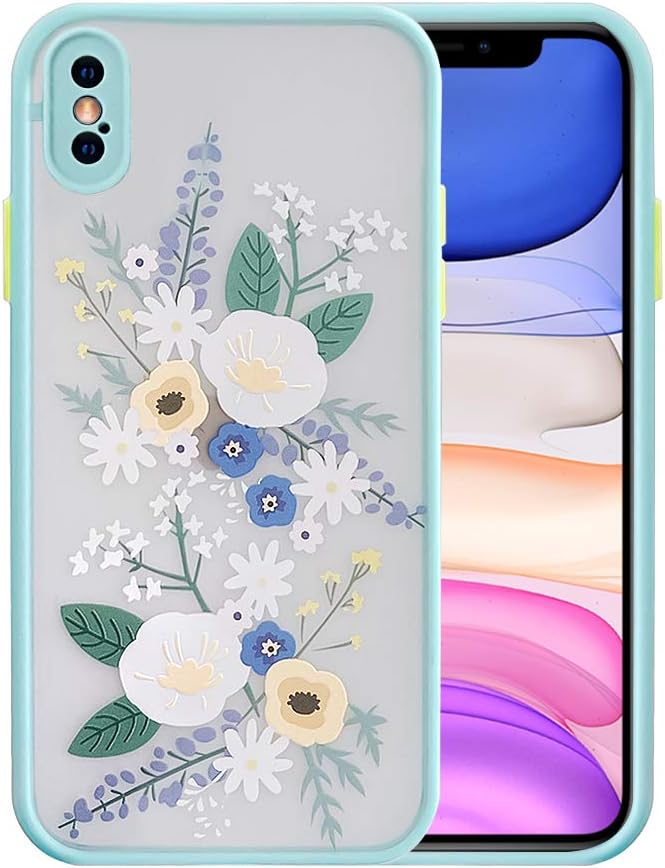 Ownest Compatible for iPhone Xs Max Case for Clear Frosted PC Back Flowers Pattern 3D Floral Girls Woman and Soft TPU Bumper Protective Silicone Slim Shockproof Case for iPhone Xs Max- Blue