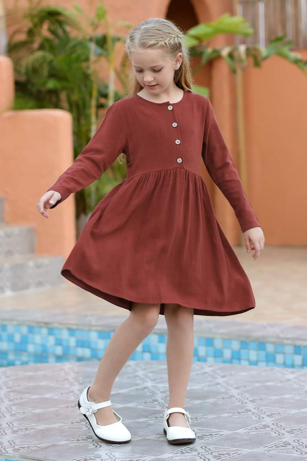 GORLYA Girl's Short Sleeve Button Up Pleated Waist Loose Casual Linen Midi Dress with Pockets for 4-12 Years Kids