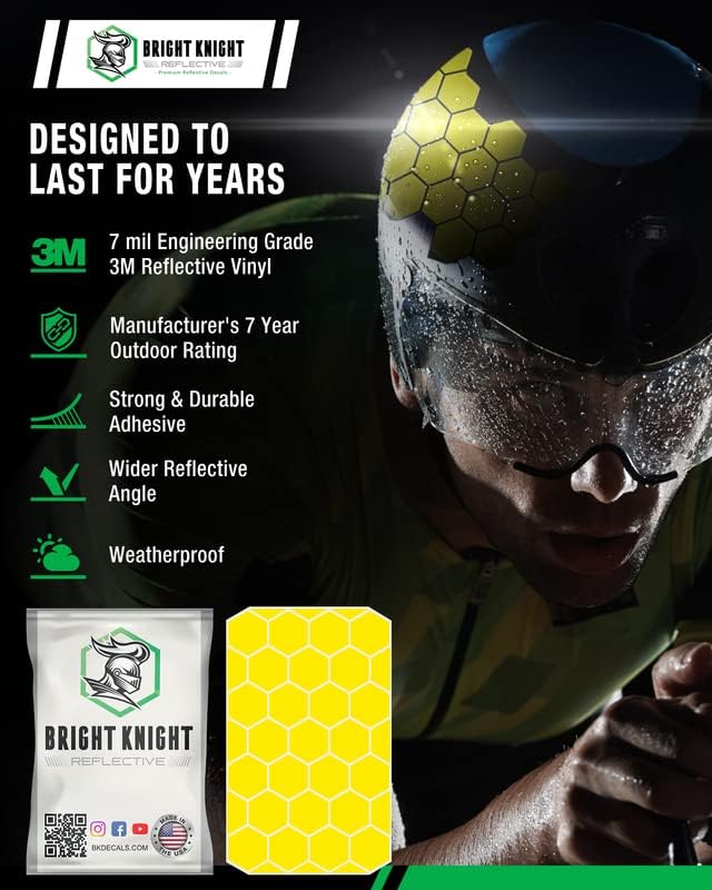 Vista 3 de Bright Knight - Adhesivos reflectantes hexagonales con cinta reflectante para casco. Calcomanías amarillas para casco de motocicleta de 1 pulgada