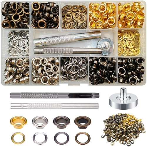 【Kit occhielli】 520 sets di occhielli in 4 colori (argento, oro, bronzo, nero, 130 set per colore), 3 pezzi di strumenti di impostazione (base in metallo, punzone, strumento di installazione)