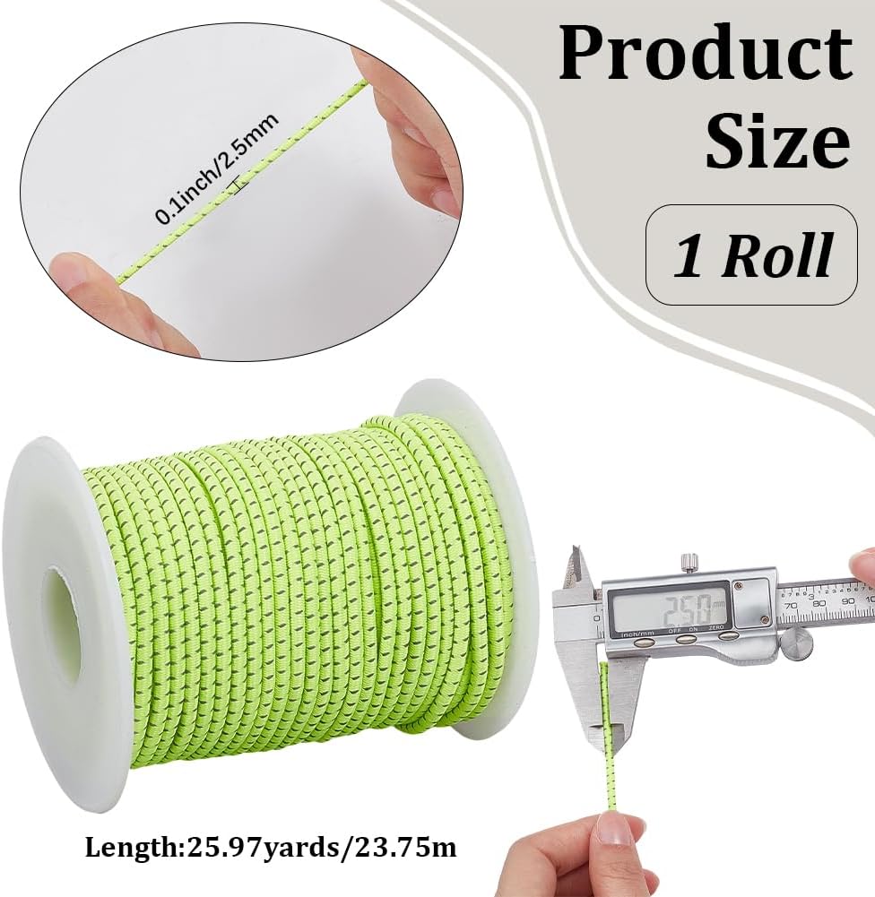 23.75M 2.5MM Green Reflective Stretch Elastic Round Tent Shock String Thread Cords Roll Glow in Dark Shock Heavy Stretchy Bungee Elasticity Cord Rope for Sewing Camping Hiking DIY Crafts
