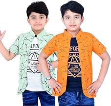Boys Cotton Printed T-Shirt with Attached Shrug Jacket - Full Sleeves