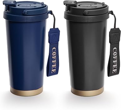 2 Pack 17oz Insulated Coffee Mug, Leakproof Travel Coffee Tumblers With Strap, Vacuum-Insulated Stainless Steel Reusable Coffee Cup for Hot & Cold Drinks