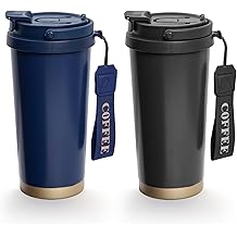 2 包 17 盎司隔热咖啡杯、带表带的防漏旅行咖啡杯、用于冷热饮料的真空隔热不锈钢可重复使用咖啡杯