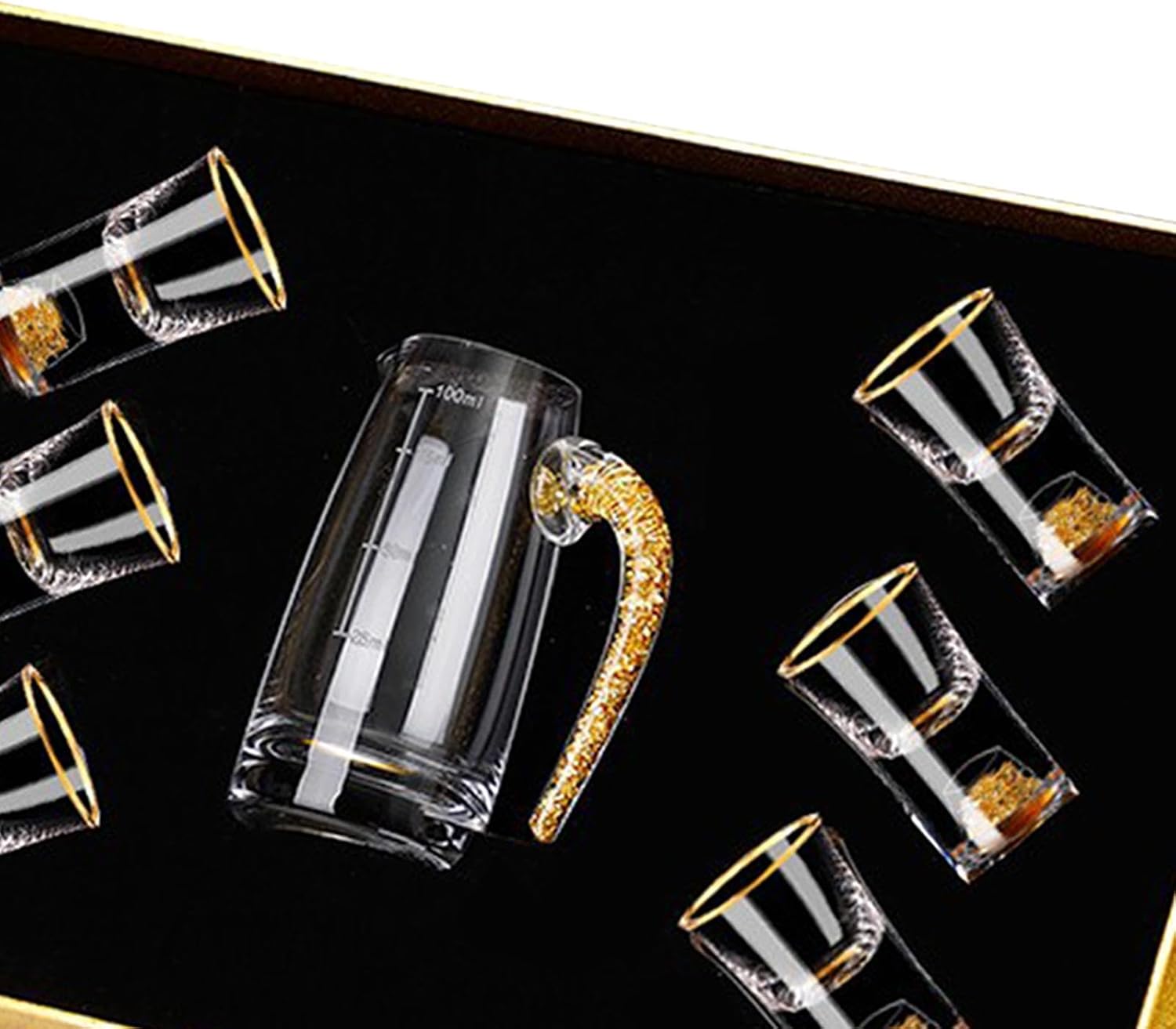 Chinese Inspired Wine Set Featuring Flagon and Pourer, 6 Gold Leave Cups