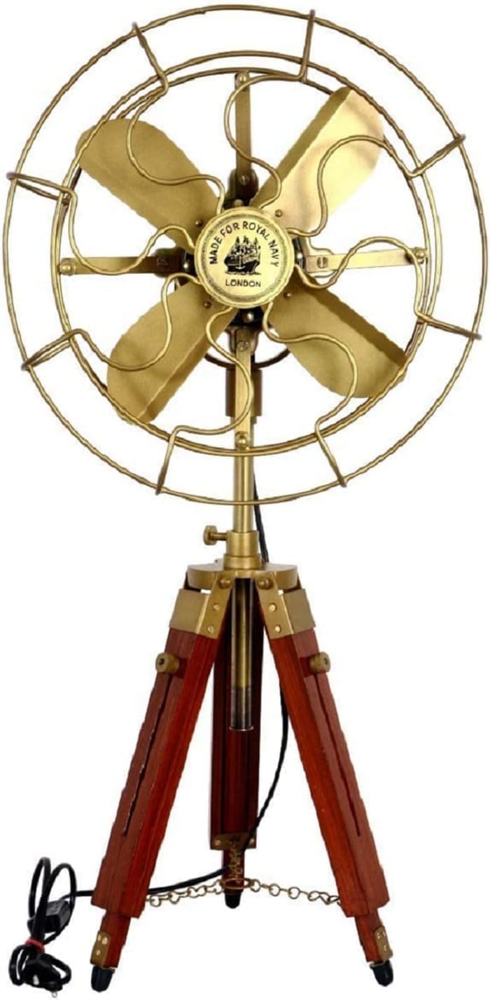 Antique Tripod Fan with Wooden Stand – Vintage Designer Pedestal Floor Fan – Retro Metal Blade Standing Fan for Home, Office, Living Room Décor – Industrial Classic Style (12"D x 4"W x 4"H)