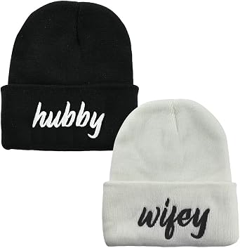 2 PCS Hubby and Wifey Beanie for Men Women, Acrylic Embroidered Couple Gifts Knit Cuff Beanies Hat