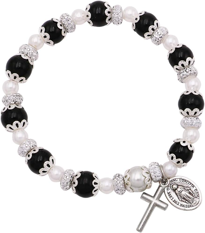 Rosemarie Collections Women's Simulated Pearl Beaded Stretch Rosary Bracelet with Crucifix and Miraculous Medal