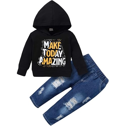 Toddler Baby Boy Clothes, Long sleeve Letter Hoodies Top+Ripped Denim Pants 2pcs Fall Winter Outfit Sets