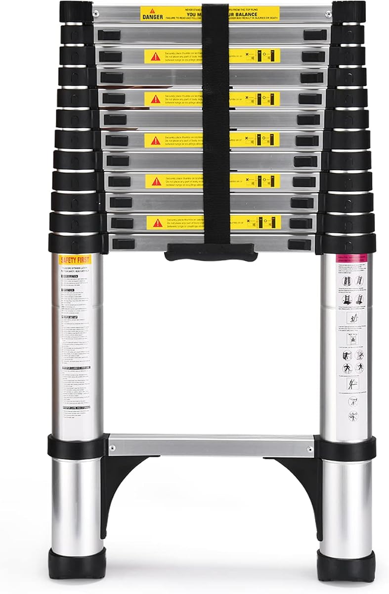 SocTone 12.5FT Telescoping Ladder with Stabilizers, Extension ladder | Heavy Duty 330lbs Max Capacity, Multi-Purpose Collapsible Telescopic Rv Ladder for Household or Outdoor Work"