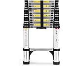 Soctone Telescoping Ladder 12.5 FT Aluminum Extension Ladder with Triangle Stabilizers, Heavy Duty 330lbs/150KG Max Capacity, Multi-Purpose Collapsible Ladder for RV or Outdoor Work, Black