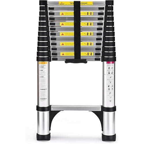Telescoping Ladder, SocTone 12.5 FT Aluminum Lightweight Extension Ladder with 2 Triangle Stabilizers, Heavy Duty 330lbs Max Capacity, Multi-Purpose Collapsible Ladder for RV or Outdoor Work