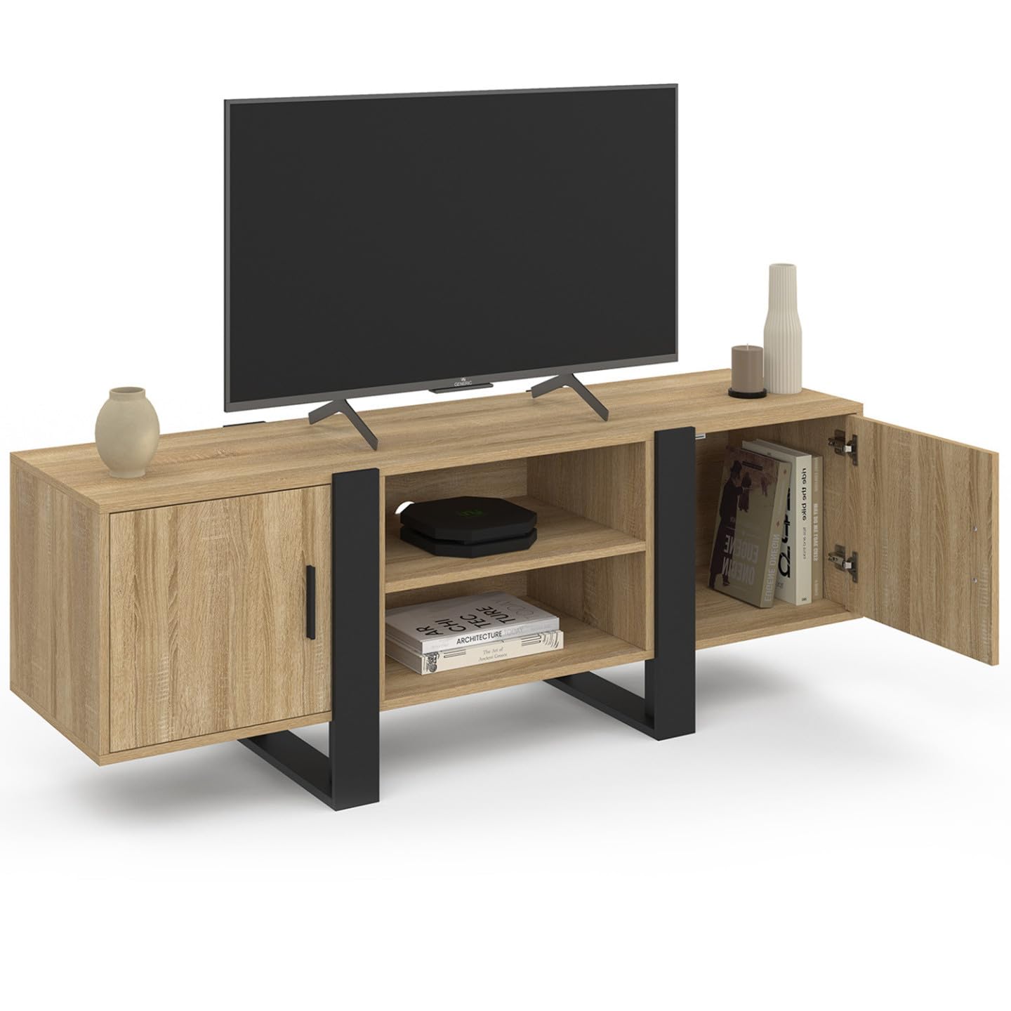 IDMarket - Meuble TV 140 cm Phoenix 2 Portes Bois et Noir