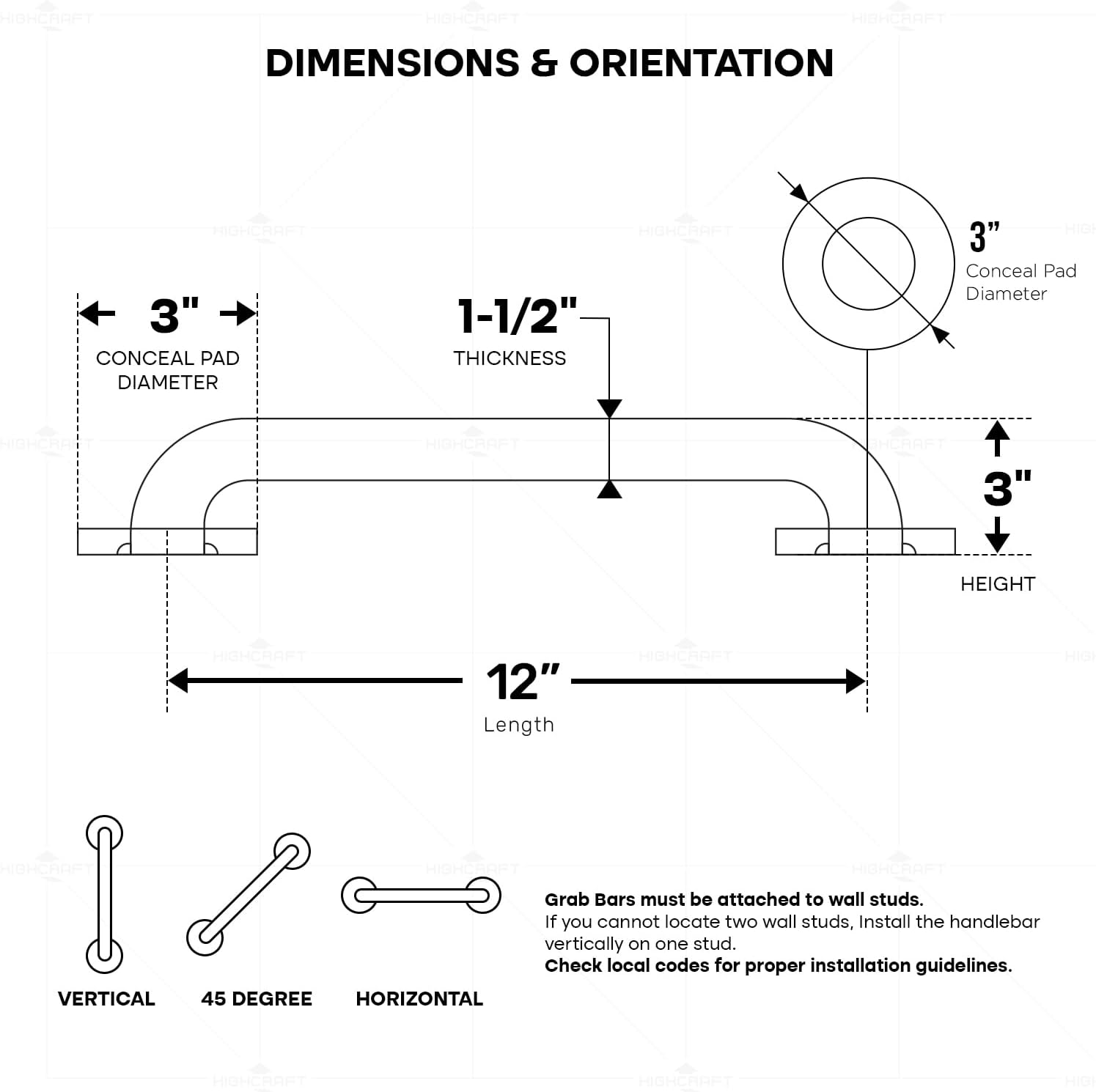 Highcraft Grab Bar for Bathtubs and Showers, Shower Grab Bars for Seniors and Elderly, Safety Bar for Bathroom 12" x 1.5" ADA Compliant Grab Bar, Heavy Duty Stainless Steel Shower Handle Wall Mount - Image 3