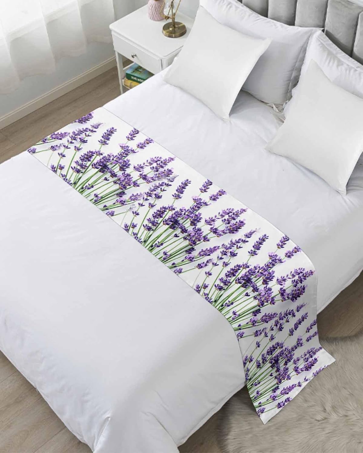 Lavender Bed Runner Scarf King Size, Purple Flower Plant Gradient Watercolor Luxury Bed Throw Runners & Scarves for Twin Full Queen King Foot of Bed, Bedroom Hotel Wedding Room Decoration, 94"x20"