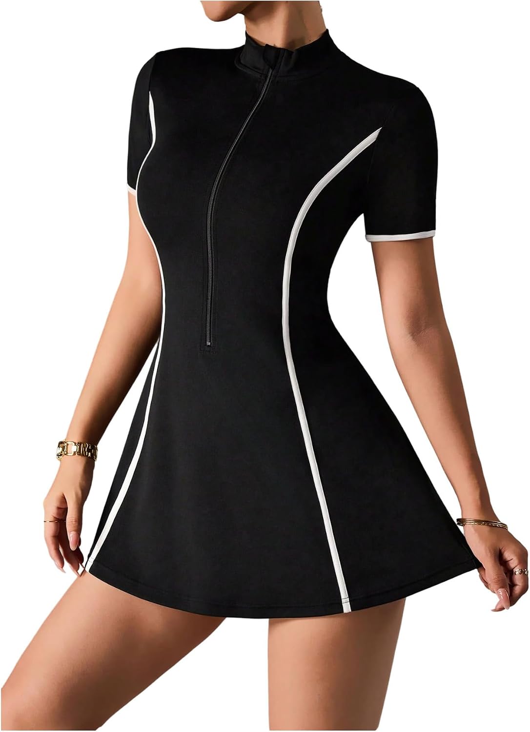 SweatyRocks Women's Zip Front Tennis Dress Colorblock Short Sleeve Golf Dresses with Shorts and Pockets