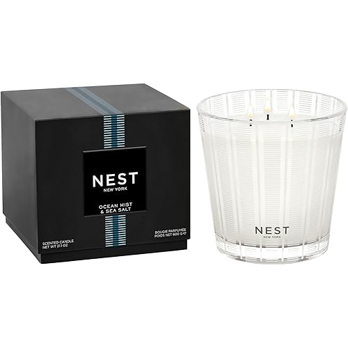 NEST New York Scented 3-Wick Candle, Ocean Mist & Sea Salt - 21.2 oz - Up to 100-Hour Burn Time - Reusable Glass Vessel