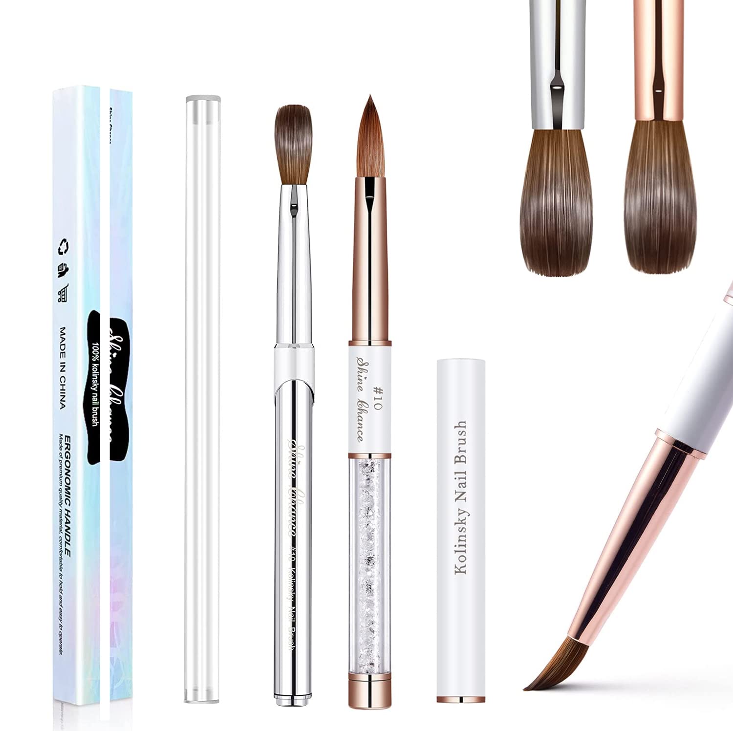 2Pcs Acrylic Nail Art Brush Size 10, 100% Pure Kolinsky Hair Oval Nail Brush for Acrylic Application, Professional Nail Extension Manicure Tool Striping Nail Drawing Pen for Home Salon