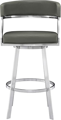 Vista 109 de Armen Living Prinz Taburete giratorio de 26 pulgadas de altura de mostrador en piel sintética negra y acabado de acero inoxidable cepillado