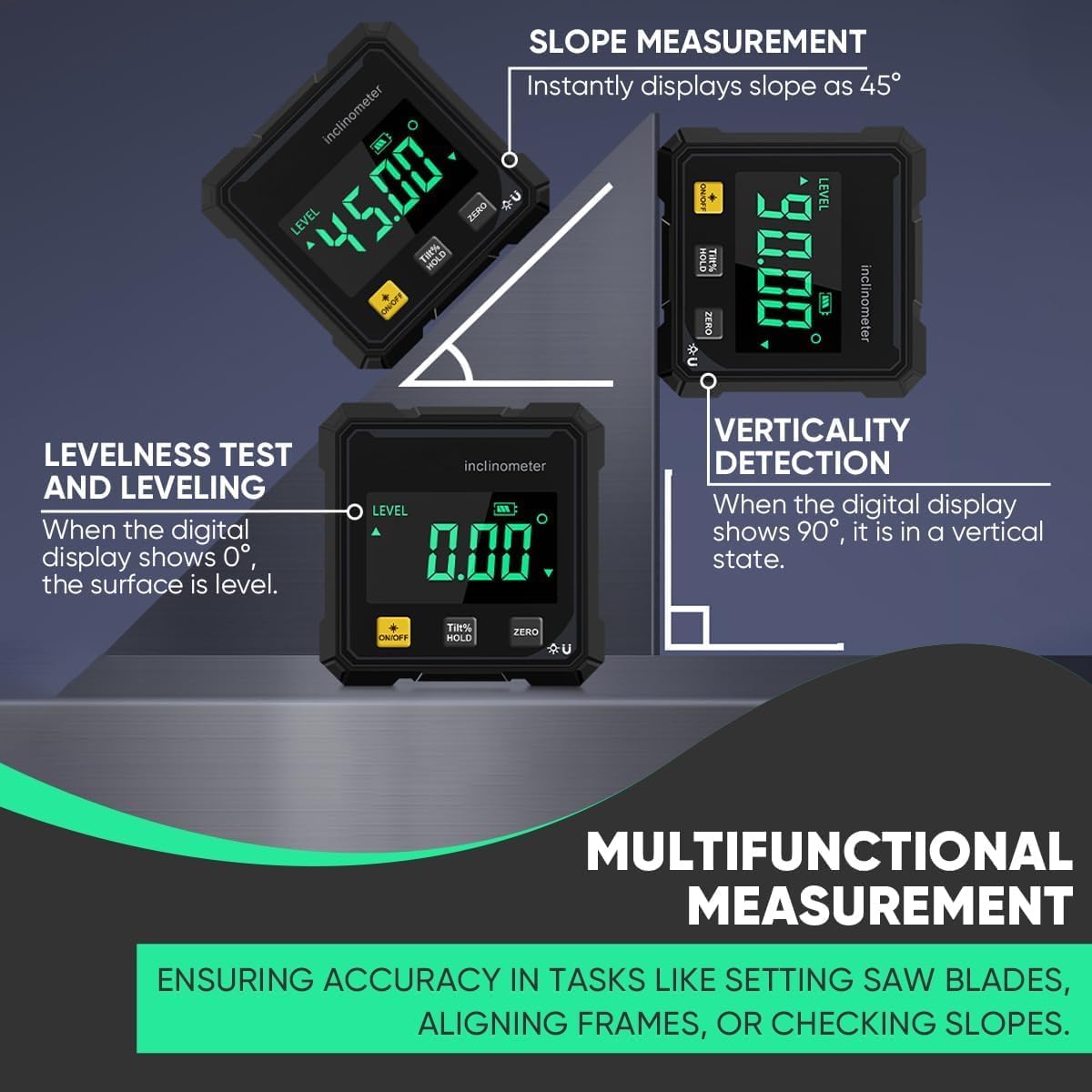 Digital Angle Finder Protractor Tool, 4-Side Magnetic Digital Angle Gauge, Magnetic Measuring Tool with LCD Display and USB-C Charging for Carpentry, Construction & DIY (1pcs)