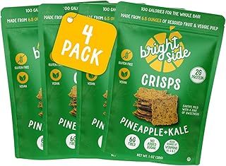 Bright Side Crisps - Pineapple + Kale - Just Two Ingredients: 100% Upcycled Pineapple and Kale Pulp, High Fiber, No Sugar Added, Vegan, Gluten-Free, 100 Calories, Healthy All-Natural Chip and Cracker Alternative (4-Pack, 1 oz Pouch PK)