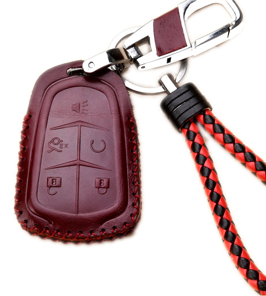 WAFERN Leather Car Remote Key Fob Holder Case Cover Etui Shell Key Chain for New Cadillac Auto 5 Buttons