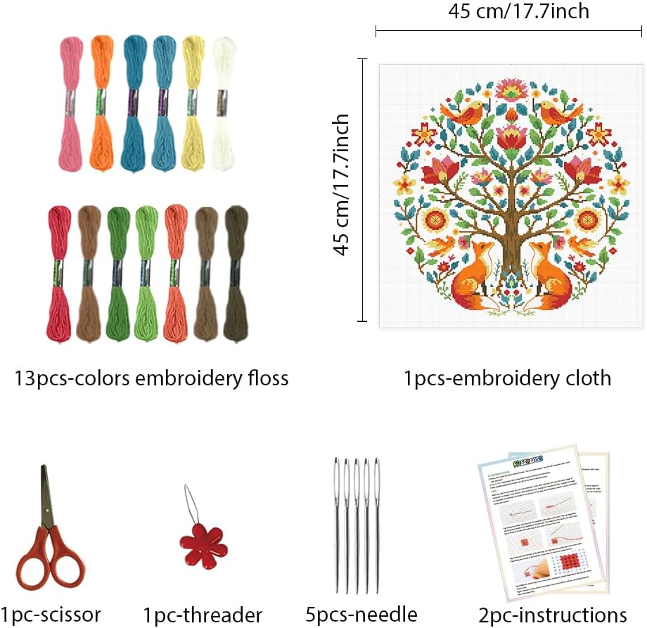 FREEBLOSS 11CT Cross Stitch Kits Tree of Animals Pattern Stamped Cross Stitch Wall Painting Craft Kit Full Range of Embroidery Starter Kits for Adult Beginners with Instruction 17.7 x 17.7