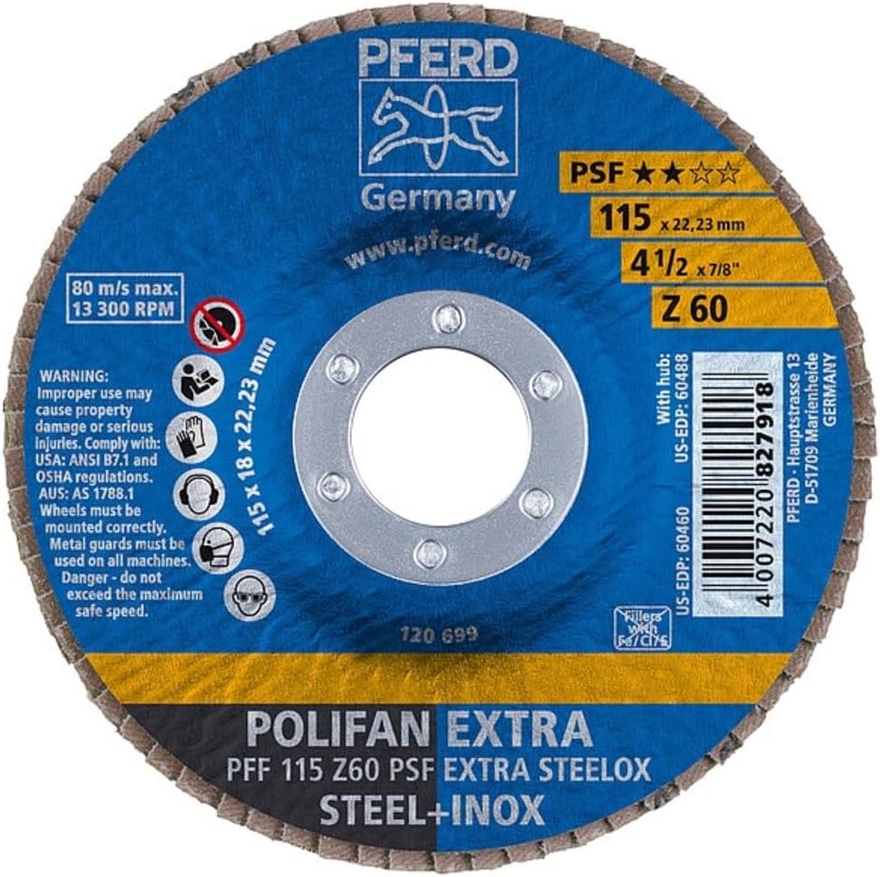 PFERD POLIFAN® Flap Disc 4-1/2" x 7/8" Flat PSF-Extra, Zirconia, 60 Grit (1PC) - Part 60460