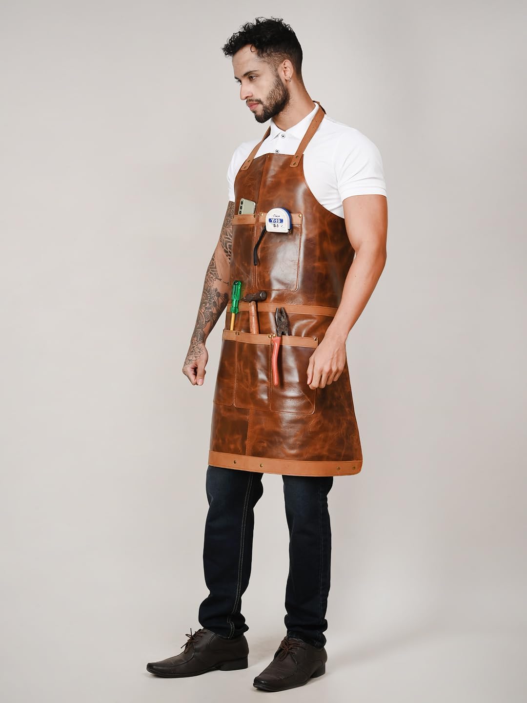 RABADA Leather Apron with Tool Pocket, Heavy Duty Apron, Woodworkers Apron, Mechanics Apron, Blacksmiths Apron, Carpenter Apron, Heat and flame resistance apron,, STANDERD, Brown020