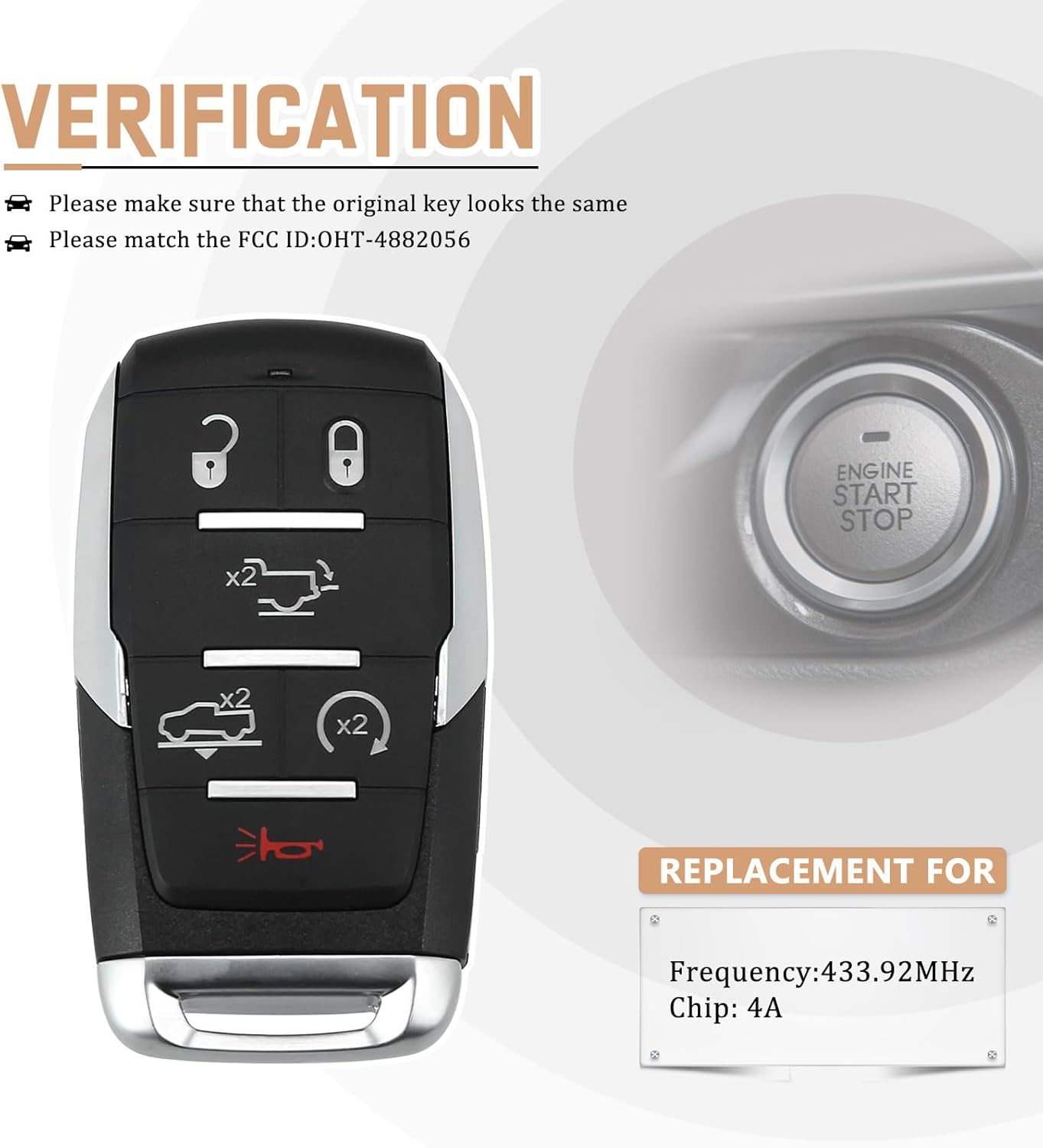 Keyless Entry Car Key Replacment for 2019 2020 Ram 1500 433.92MHz Smart Key Fob OHT-4882056 4A Chip (Single)