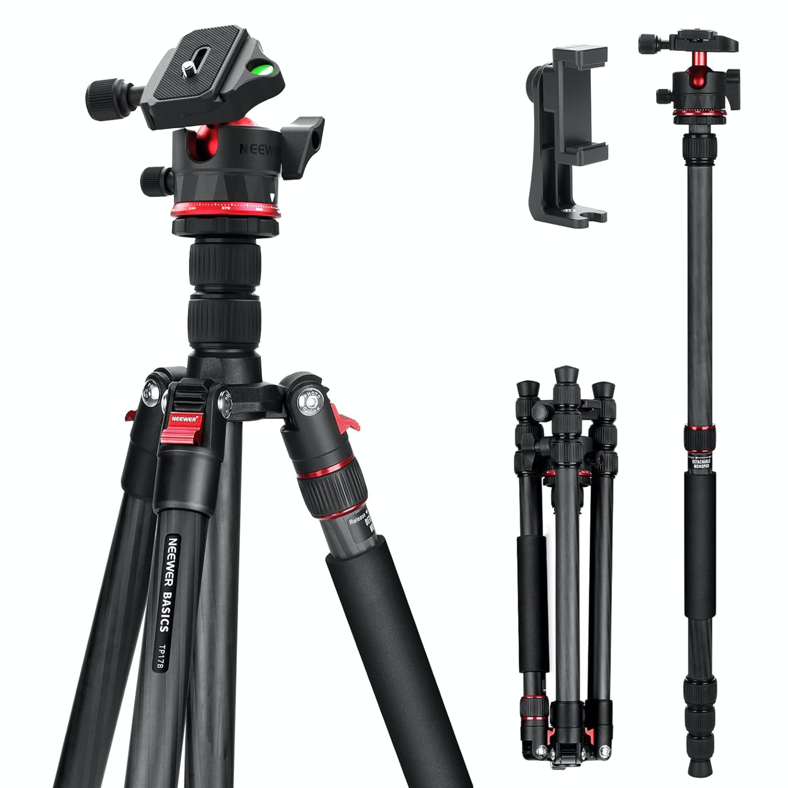 NEEWER Basics Carbon Fiber Travel Tripod Monopod, 64" Compact Lightweight Portable Camera Cell Phone Holder Stand Compatible with iPhone Video