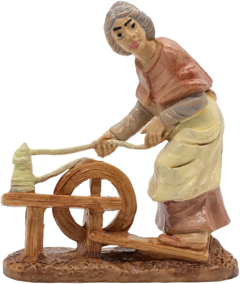 VILLAGE GIFT IMPORTERS Nativity Villager Using a Spinning Wheel | Bethlehem Character for Christmas Creche Scene | 3.5" Figurine | Beautiful Religious Holiday Decoration for Home