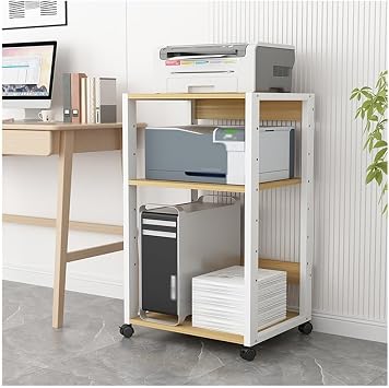 Printer Stand, Printer CPU Storage Rack 3-Layer Multifunctional Home Office Storage Rack with Wheels, 504090 cm, White Printer Cart