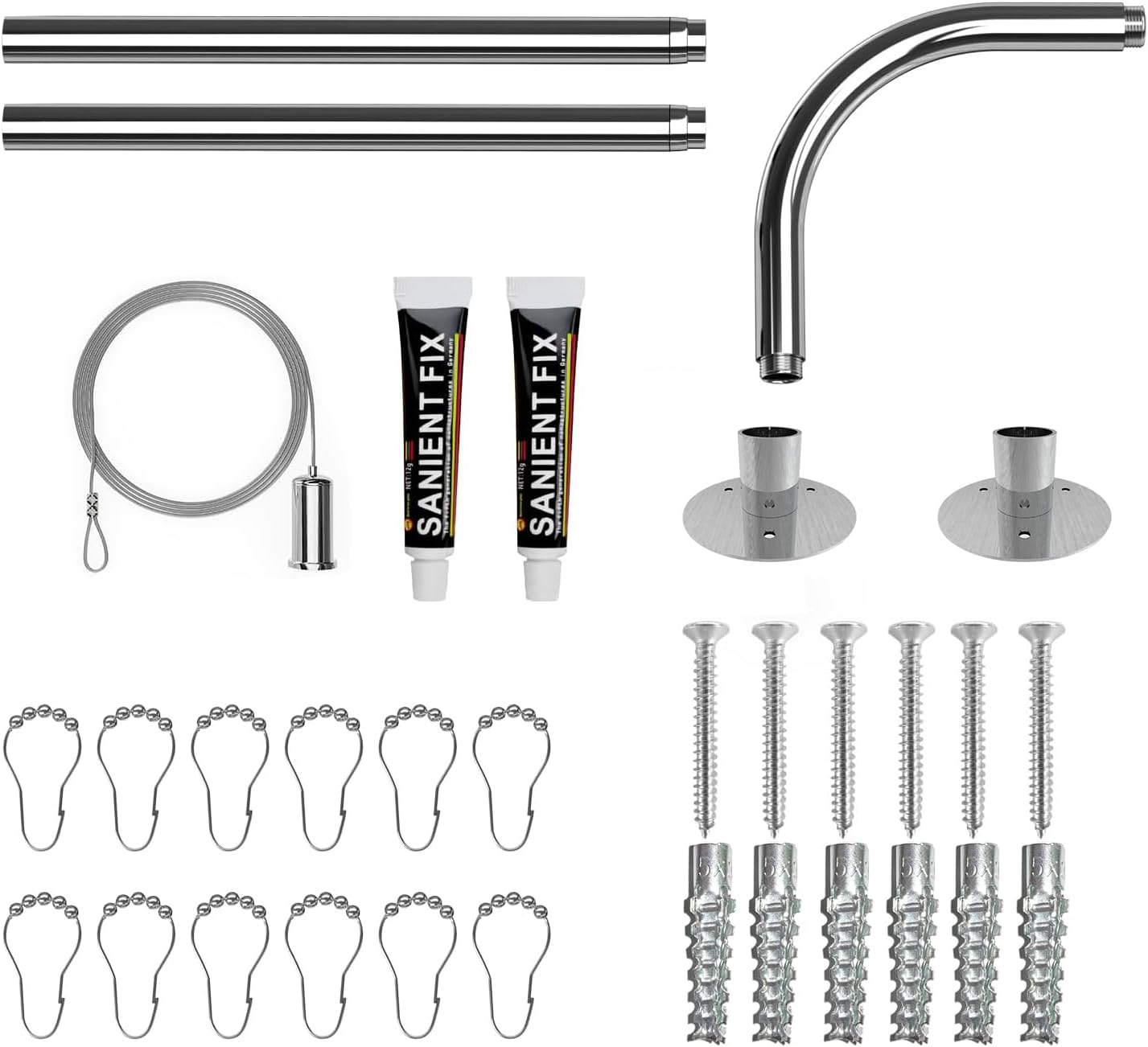 Corner Shower Curtain Rod, Adjustable (24"-37" x 24"-37"), L Shaped Shower Curtain Rod, Genuine 304 Stainless Steel, Unsagging, Drill-Free, 90° Corner Design, Includes 12 Shower Curtain Rings