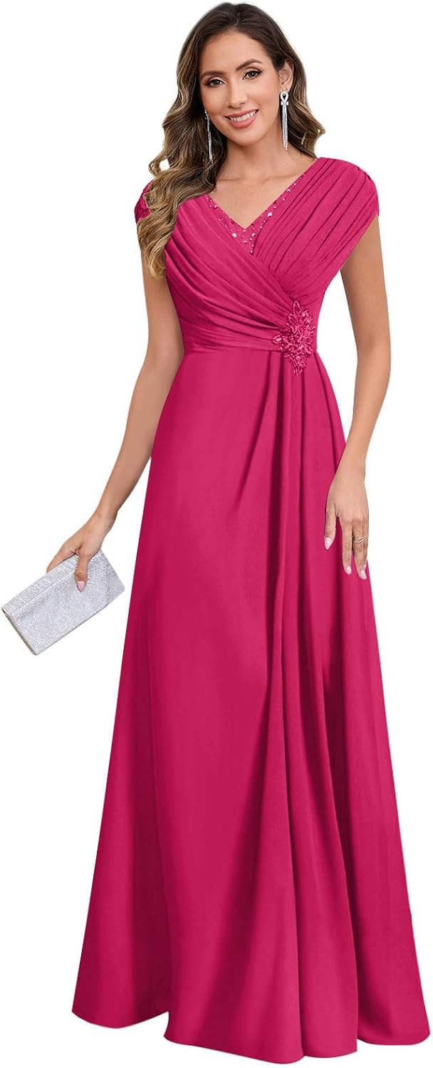 GUKARLEED Women’s Wrap Pleated Mother of The Bride Dresses with Cap Sleeves Beading Chiffon V Neck Wedding Guest Formal Dress