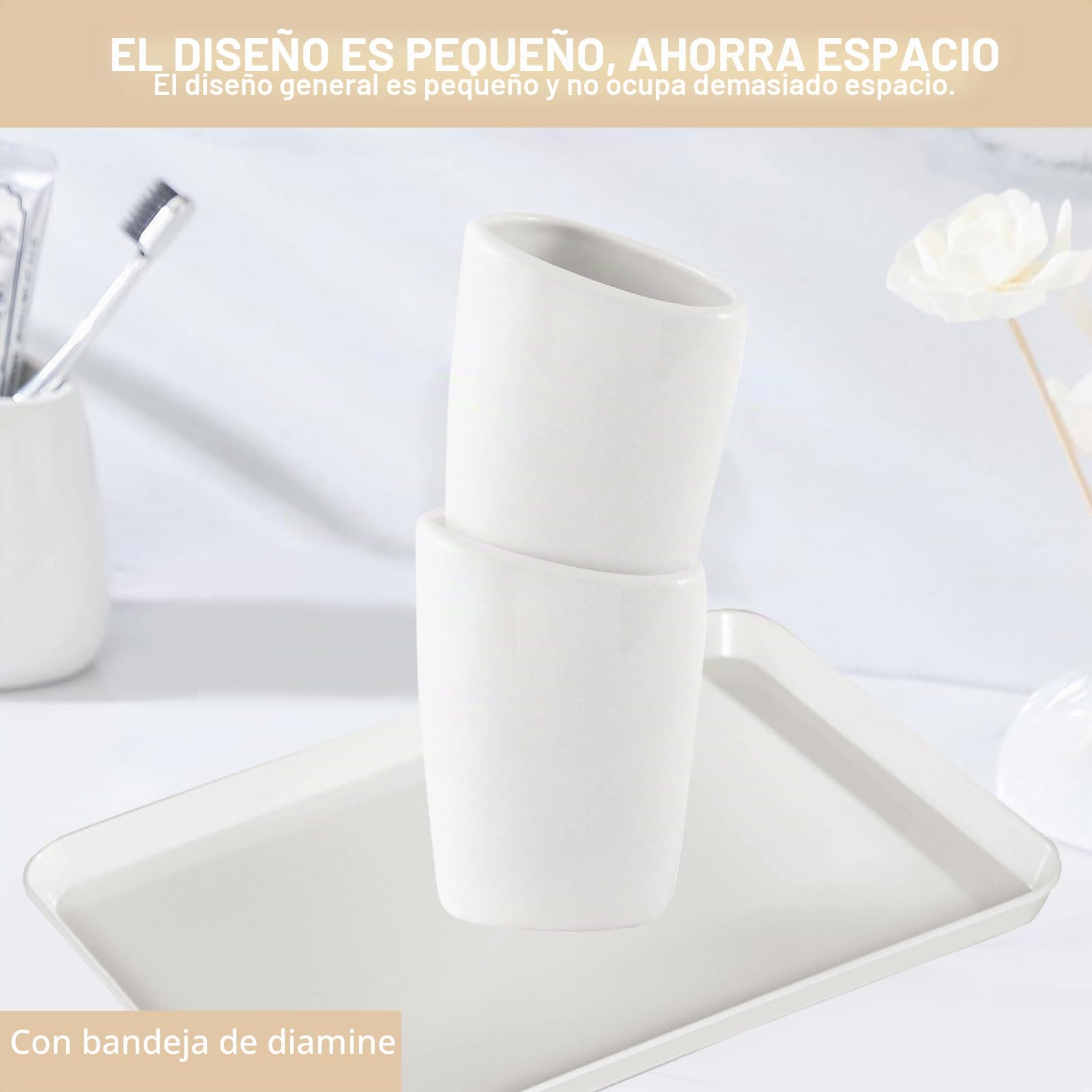 Qivine 6Pcs Accesorios Baño Jabonera Set de Juego, Cerámica Soporte para Cepillo de Dientes y Bandeja de Plástico, Dispensador de Jabon para Cocina, Dormitorio