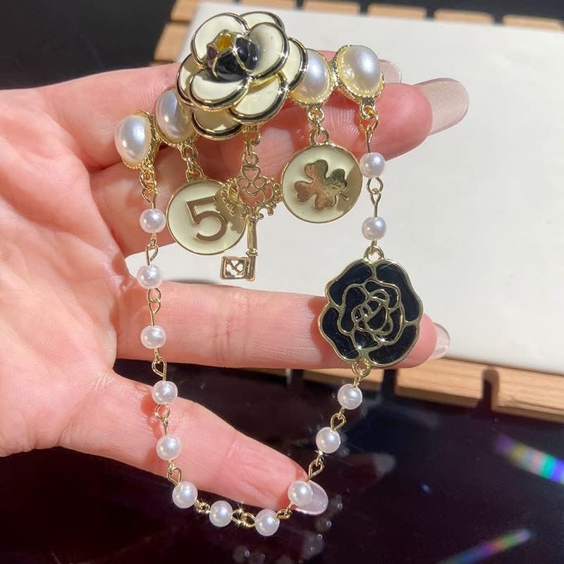 Miniatura 5 de Broche de cadena colgante de perlas de imitación, elegantes alfileres de solapa, regalo de joyería vintage para mujer, Perla simulada, aleación,