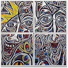 Fabulous Set of 4 Decorative Ceramic Tiles 4.5 x 4.5 cm – Graffiti Berlin Heads Multi-Coloured Psychedelic Tag Street Art (Total Size 9 x 9 cm)