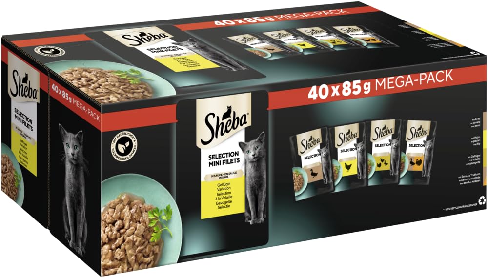 Sheba Nourriture Humide pour Chat Selection en Sauce, 40 sachets de 40 x 85 g (1 Grand Paquet) – Nourriture pour Chat Humide, volaille Variante avec Canard, Poulet, volaille et Dinde