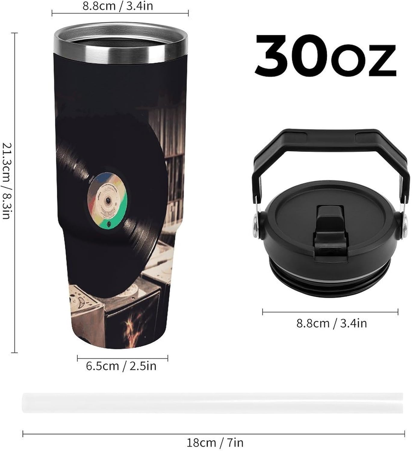 Vinyl Records Tumbler 30oz with Top Handle And Flip Straw image 2