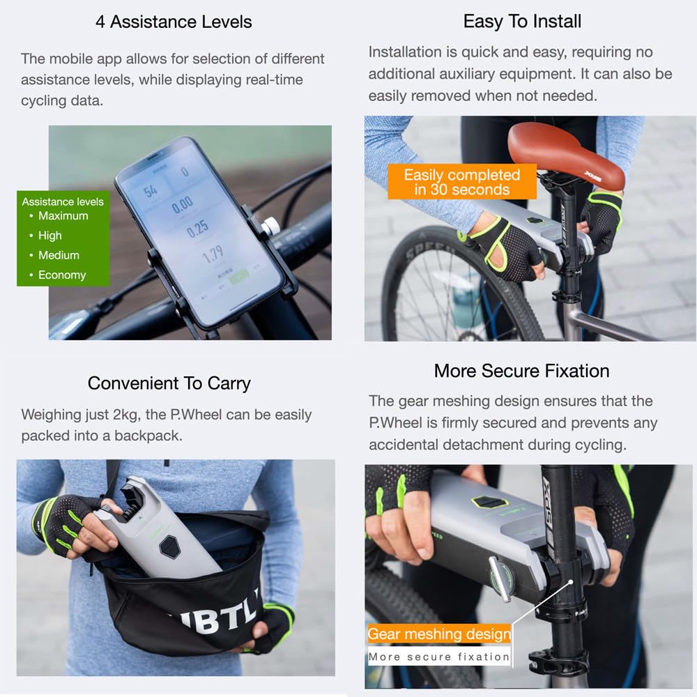 Kit Conversione Bici Elettrica con Controllo Via App,Kit di Conversione E-Bike con 4 modalità di Assistenza, Installazione Rapida, Nessuna Sostituzione di Componenti, Autonomia di 50 Km Green