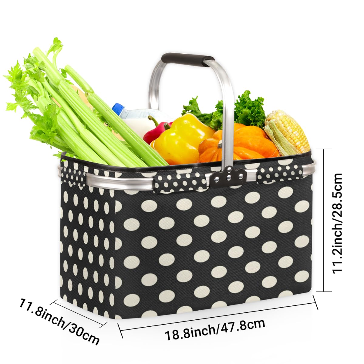 Tablerazzi Polka Dot Black White Folding Picnic Basket Large Reusable Shopping Basket Collapsible Grocery Bag with Handle Aluminum Frame Market Basket