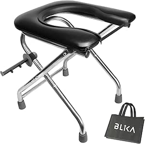BLIKA Portable Toilet for Camping, 350 lbs Support, Stainless Steel Foldable Travel Toilet with Soft Seat for Adults, 16.5-Inch