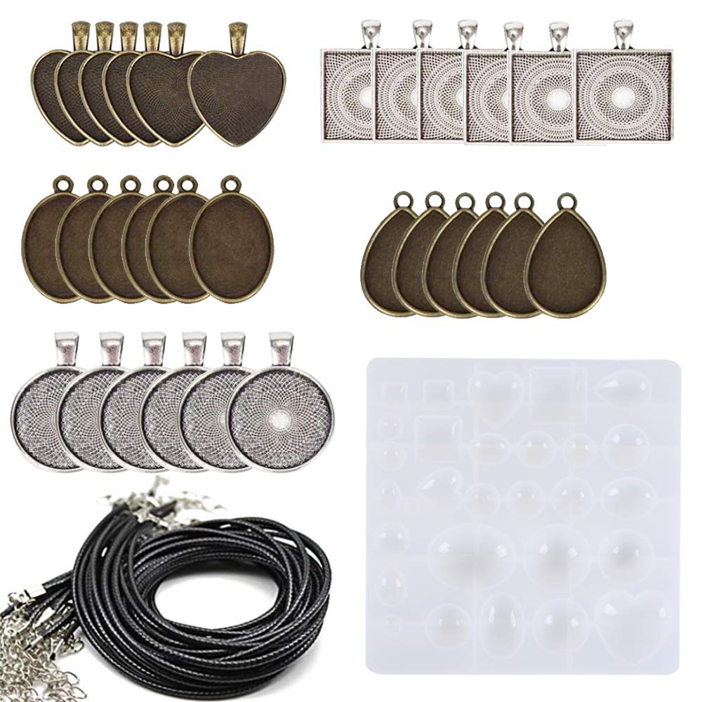 AILANDA Resin Moulds DIY Modeling Jewelry Casting Molds Set 5 Types of Pendant Trays Kit and 30 Necklace Ropes for Jewelry Making Bracelet Key Chain Handmade Craft, 61Pcs