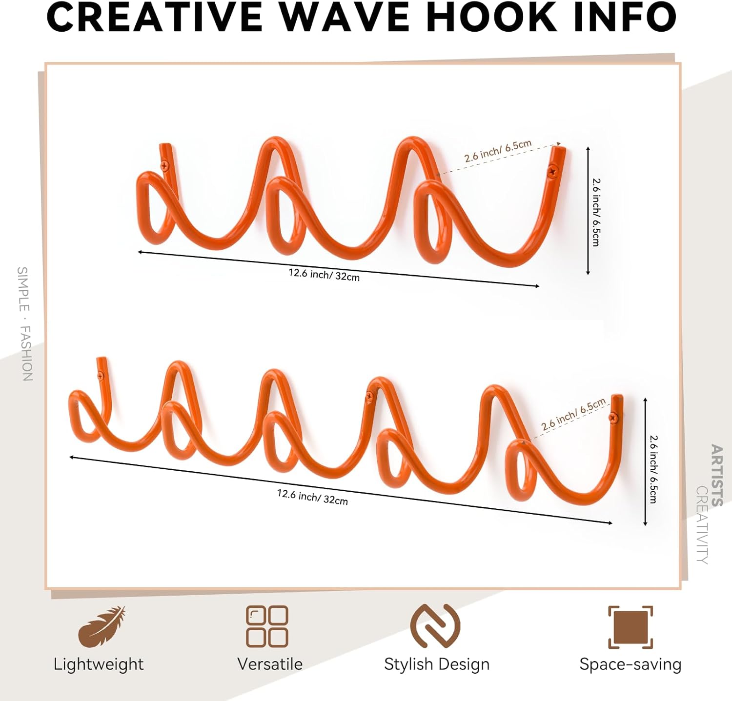 Coat Rack Wall Mount, Creative Wave Wall Hooks 20KG Capacity, Easy Installation, Multi-Purpose Hooks for Coat, Hat, Bag, Umbrella (Orange, 29cm x 7.5cm (11.41" x 2.95"))