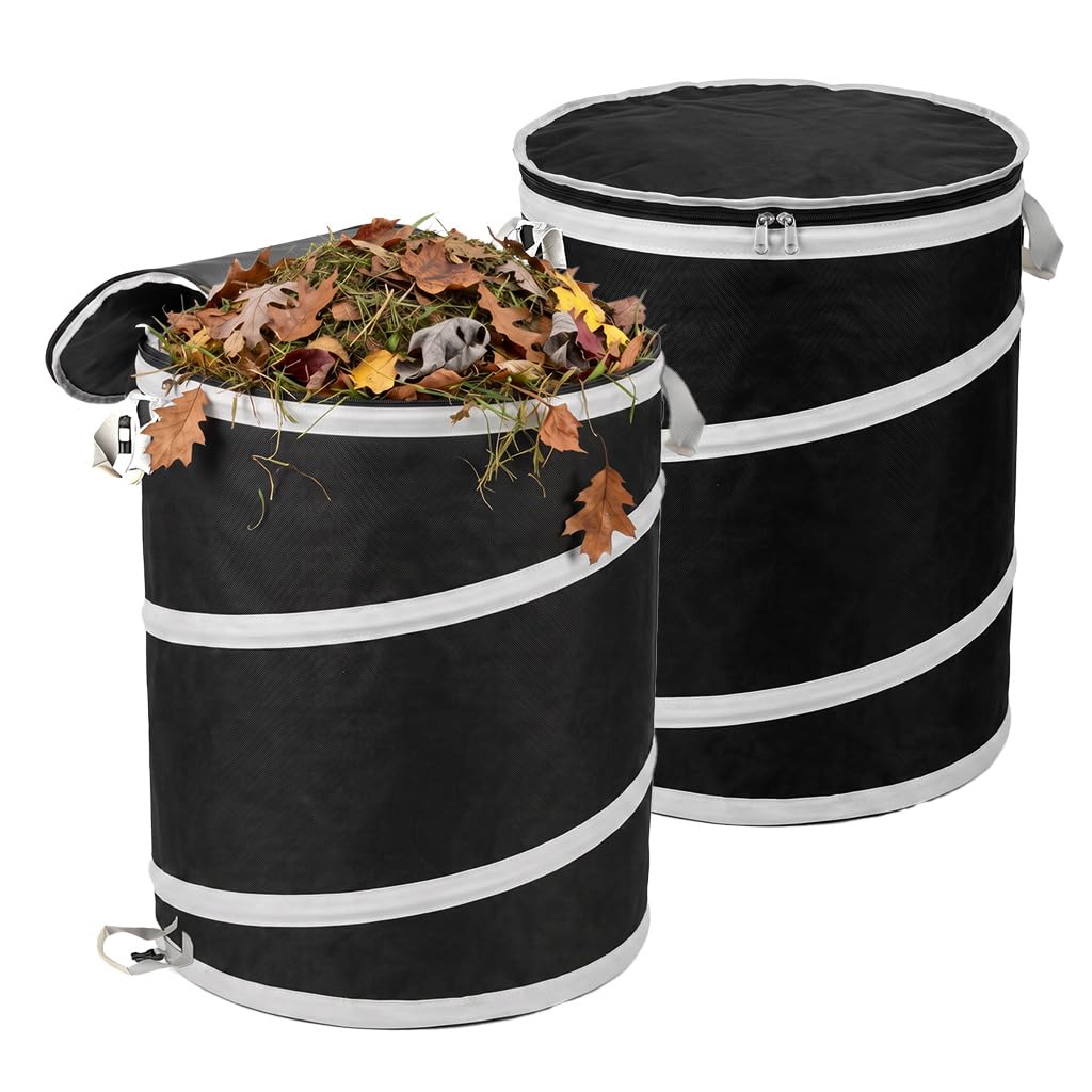 42 Gallon Collapsible Yard Waste Bags 2 Pack, Pop Up Trash Cans with Rigid Plastic Bottom & Dual Drain Holes, Extra Large Lawn Leaf Garbage Bins for Large Garden, Yard Cleanup, RV & Outdoor Storage