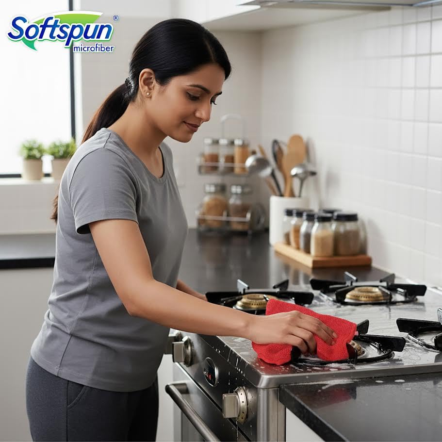 Image of SOFTSPUN Microfiber Cleaning Cloths, 5pcs 40x40cms 340GSM Red! Highly Absorbent, Lint and Streak Free, Multi -Purpose Wash Cloth for Kitchen, Car, Window, Stainless Steel, Silverware.