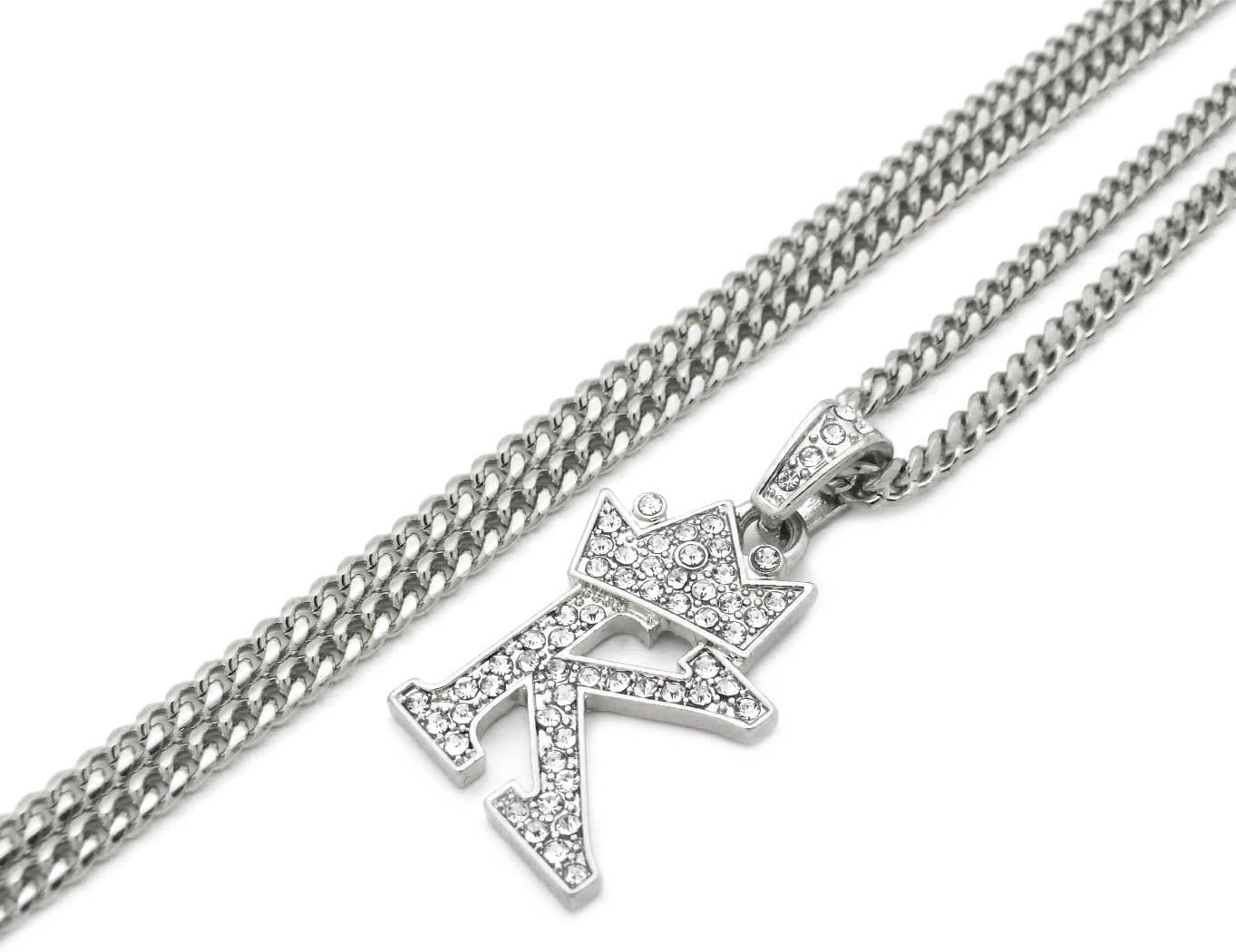 Fashion 21 Unisex Small Size Pave Initial Alphabet Letter Pendant 24" Cuban Chain Necklace & Earring Set (K Set/Silver)