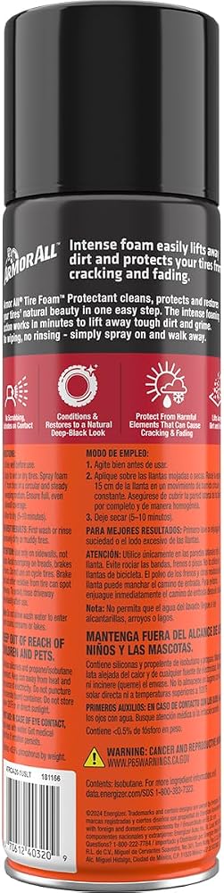 Armor All Tire Foam Protectant, 20 oz Can, Tire Cleaner Spray for Car Care Products