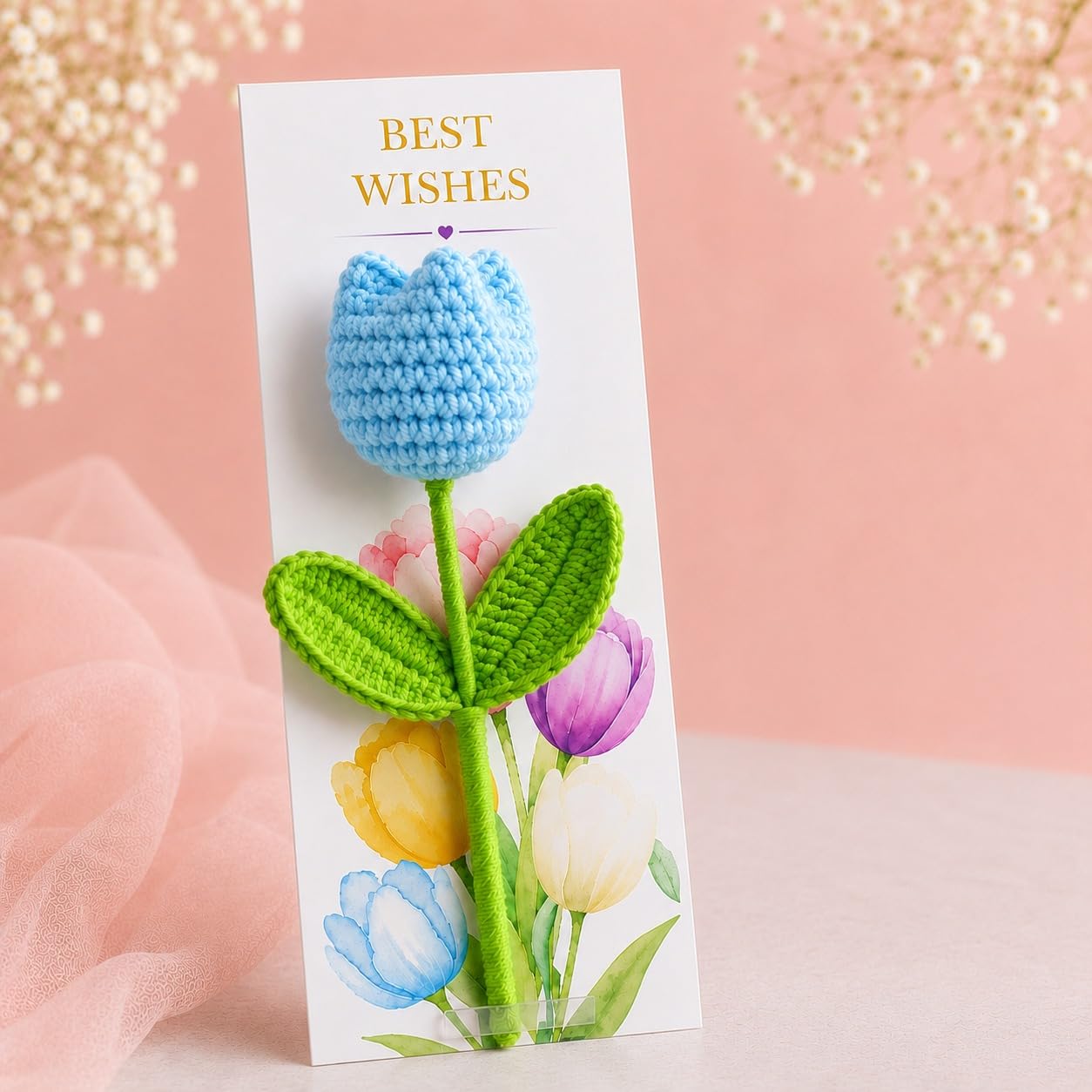 CURATED CART Crochet Flower with Card, Artificial Flowers, Handmade Knitted Tulip, Appreciation Gift for Women, DIY Handmade Gift for Friend, Teacher, Mom, Sister (Blue, Pack of 1)-image-4